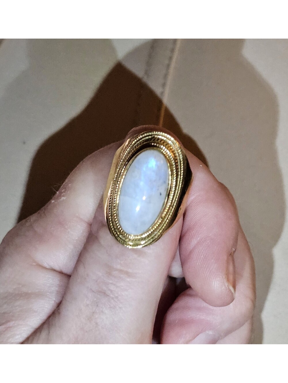 Vintage Brass Rainbow Moonstone Ring Size 7.5 Flash Unisex Men Women - Picture 5 of 5